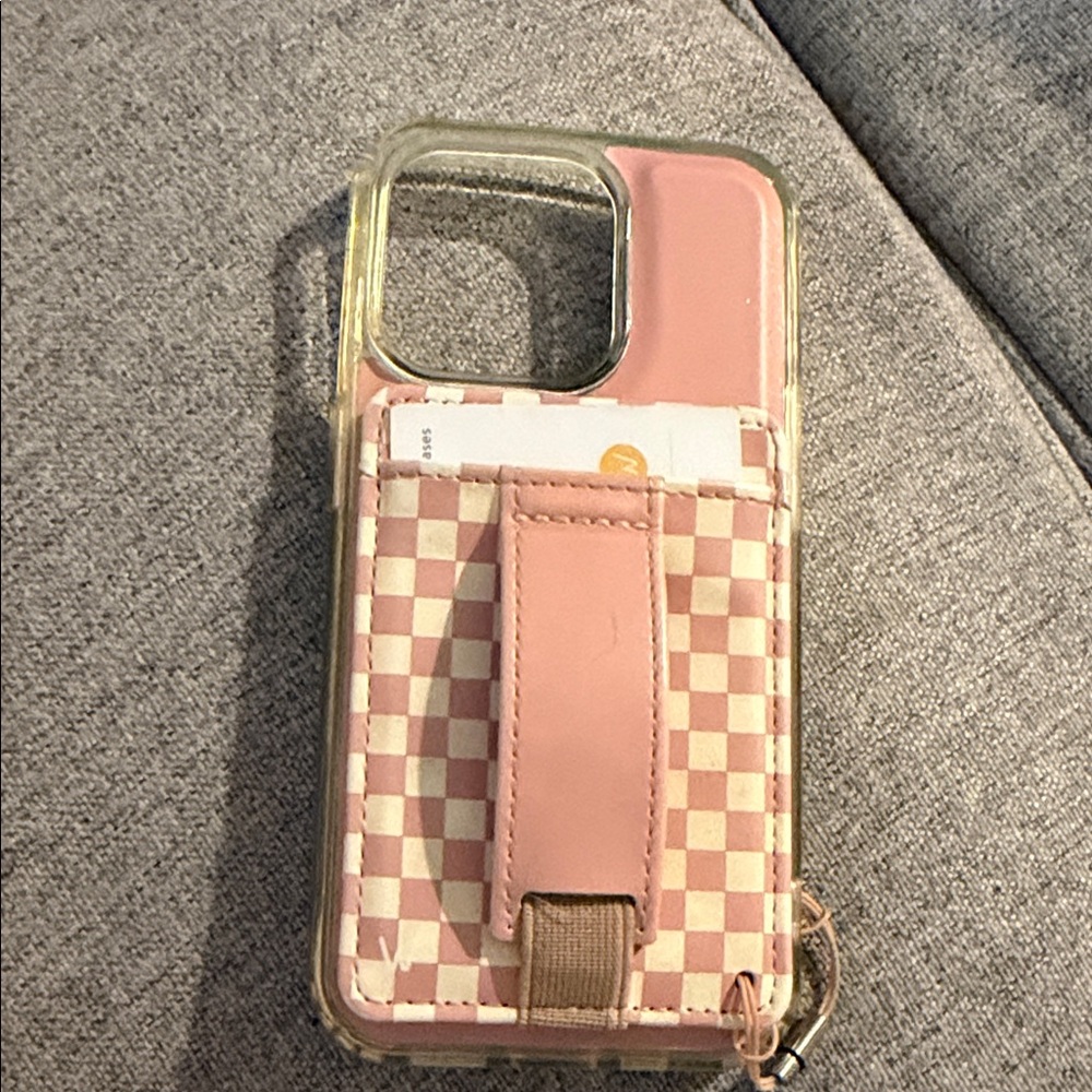 Walli Stylish Pink Checkered Phone Case with Card Holder for iPhone 14 Pro